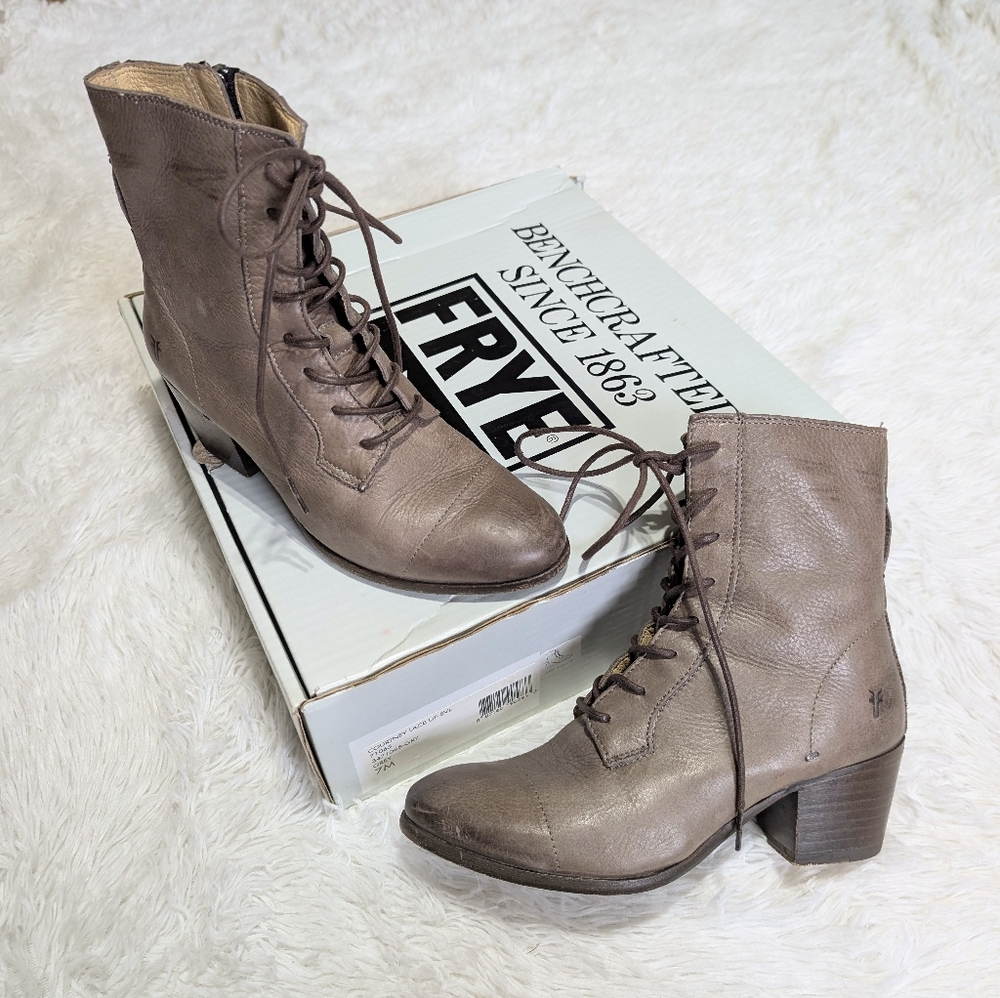 Frye Taylor Swift Grey Brown Courtney Lace Up Heeled Leather Boots Size 7